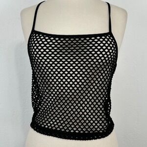 Womens Festival Rave Cyber Goth Fishnet Cami Top Sz Large Mesh Cropped Black